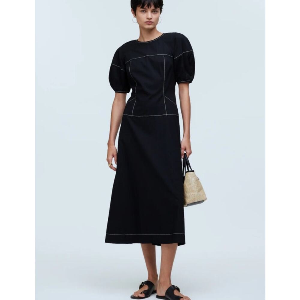 NWT Madewell Puff Sleeve Drop Waist Midi Dress True Black Size 00